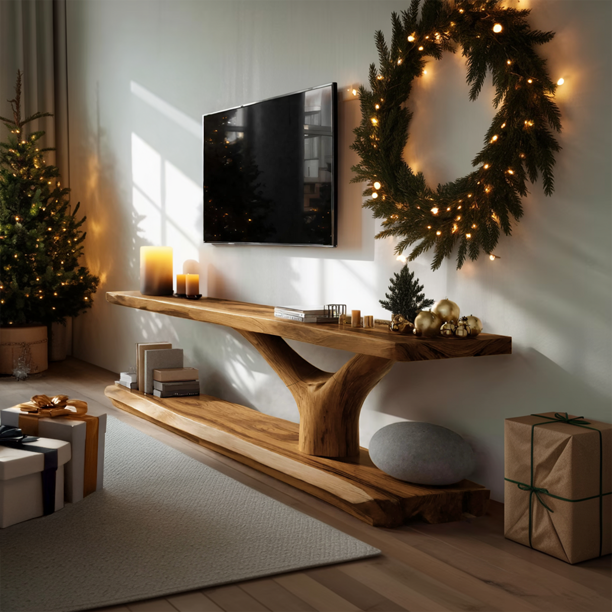 Farmhouse Wooden Live Edge TV Console For Christmas Bedroom Decor
