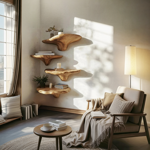 Mid Century Wooden Live Edge Mushroom Shelf For Organic Interior Decor