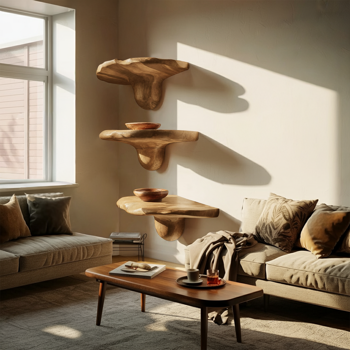 Handcrafted Solid Wood Mushroom Shelf For Bedroom Furniture Decor