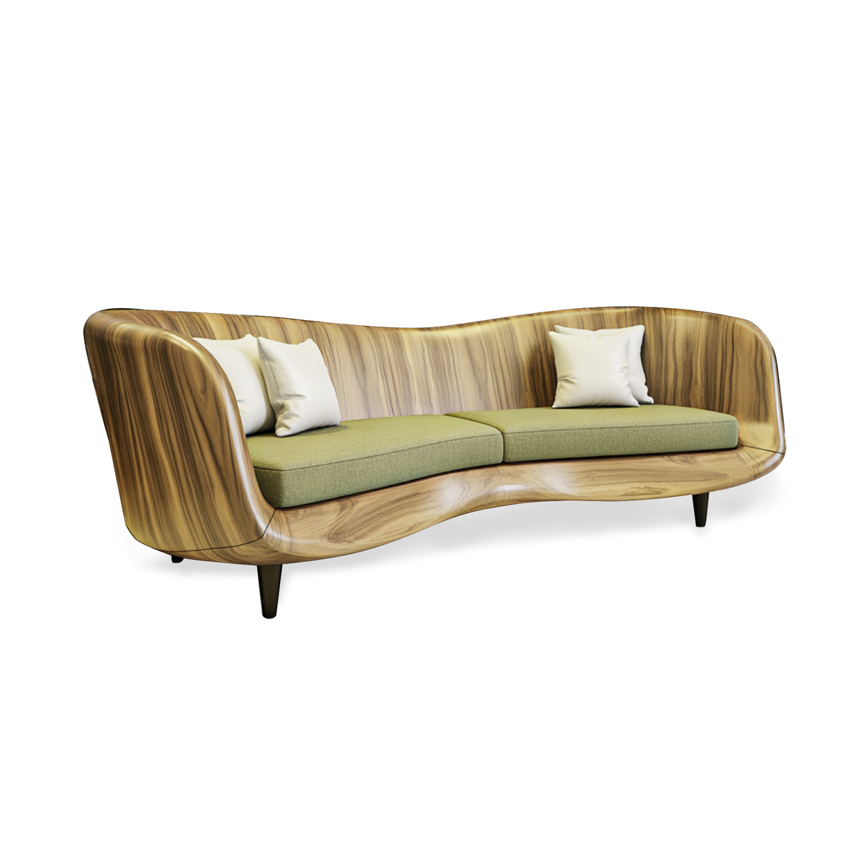Curved Wooden Sofa With Cushions For Modern Organic Living Room