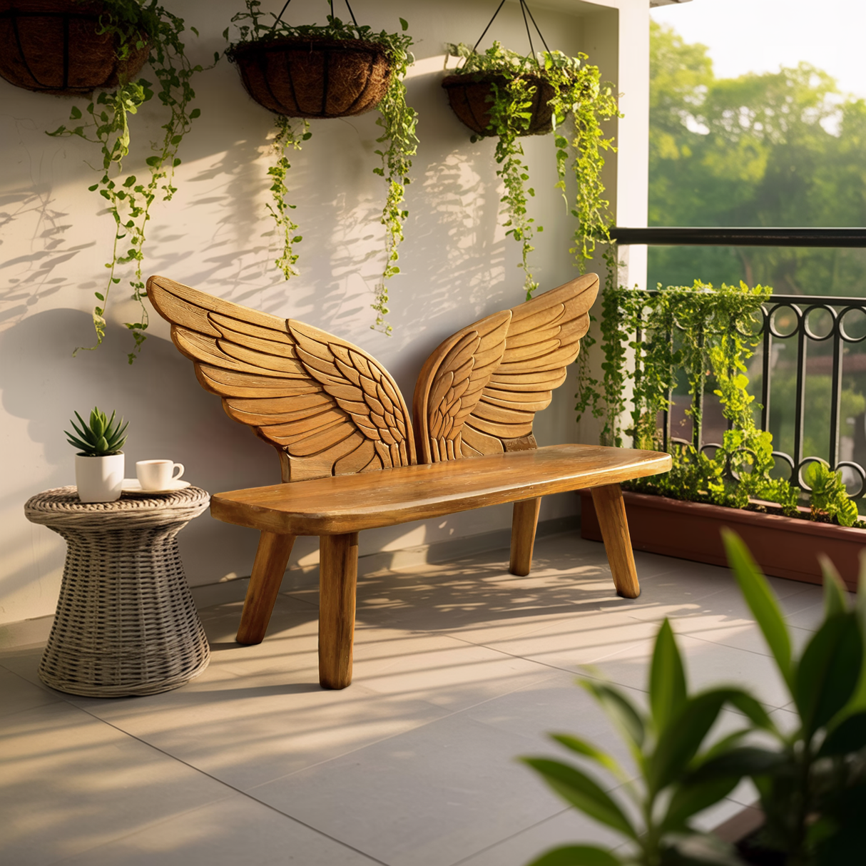 Outdoor Wood Bench Bird Wing Backrest For Patio