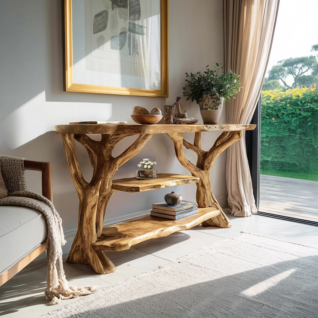 Mid Century Wooden Live Edge Console Table For Modern Furniture Decor