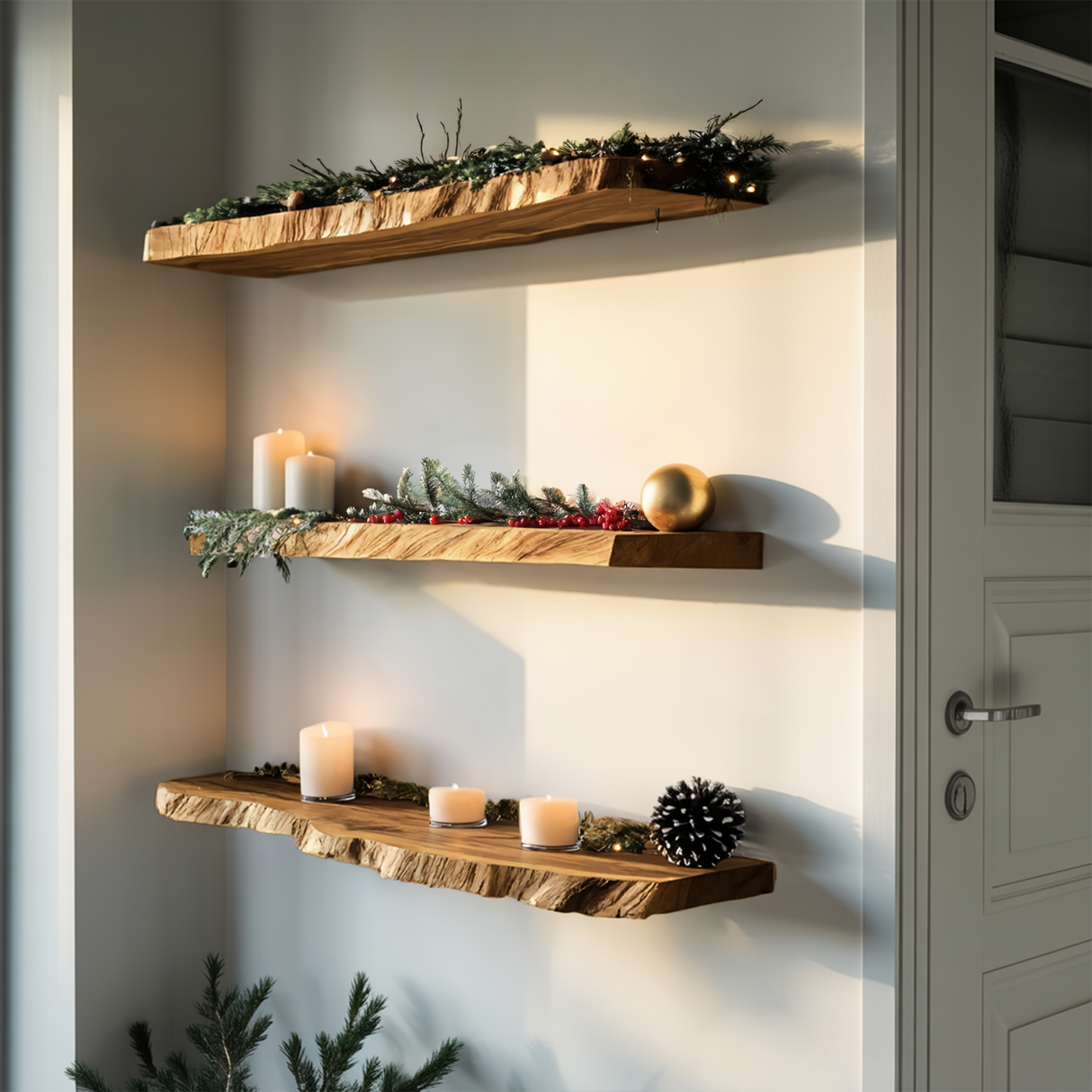 Handcrafted Live Edge Floating Shelf For Festive Xmas Entryway Design