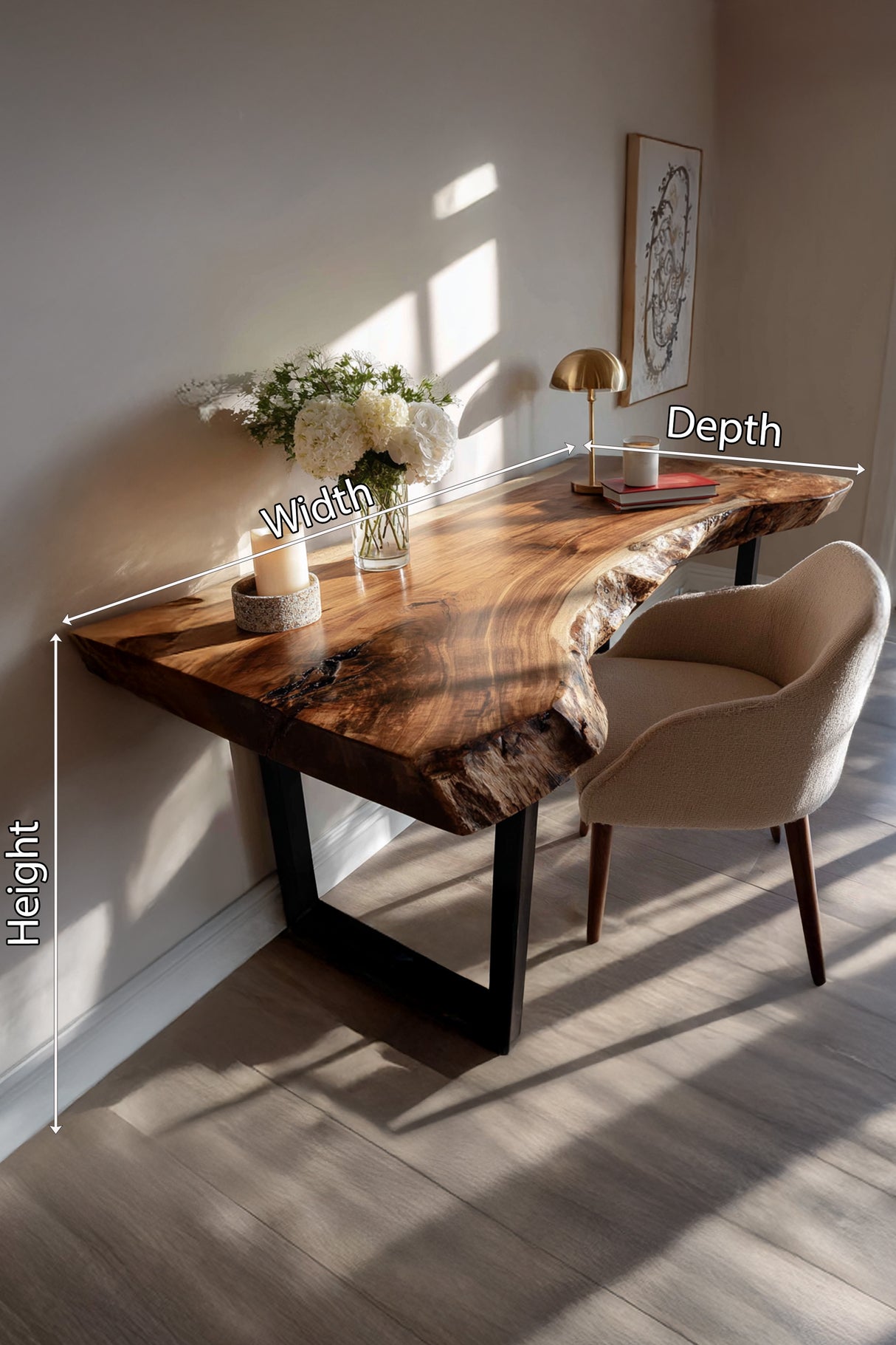 Mid Century Wooden Live Edge Desk For Living Room Decor