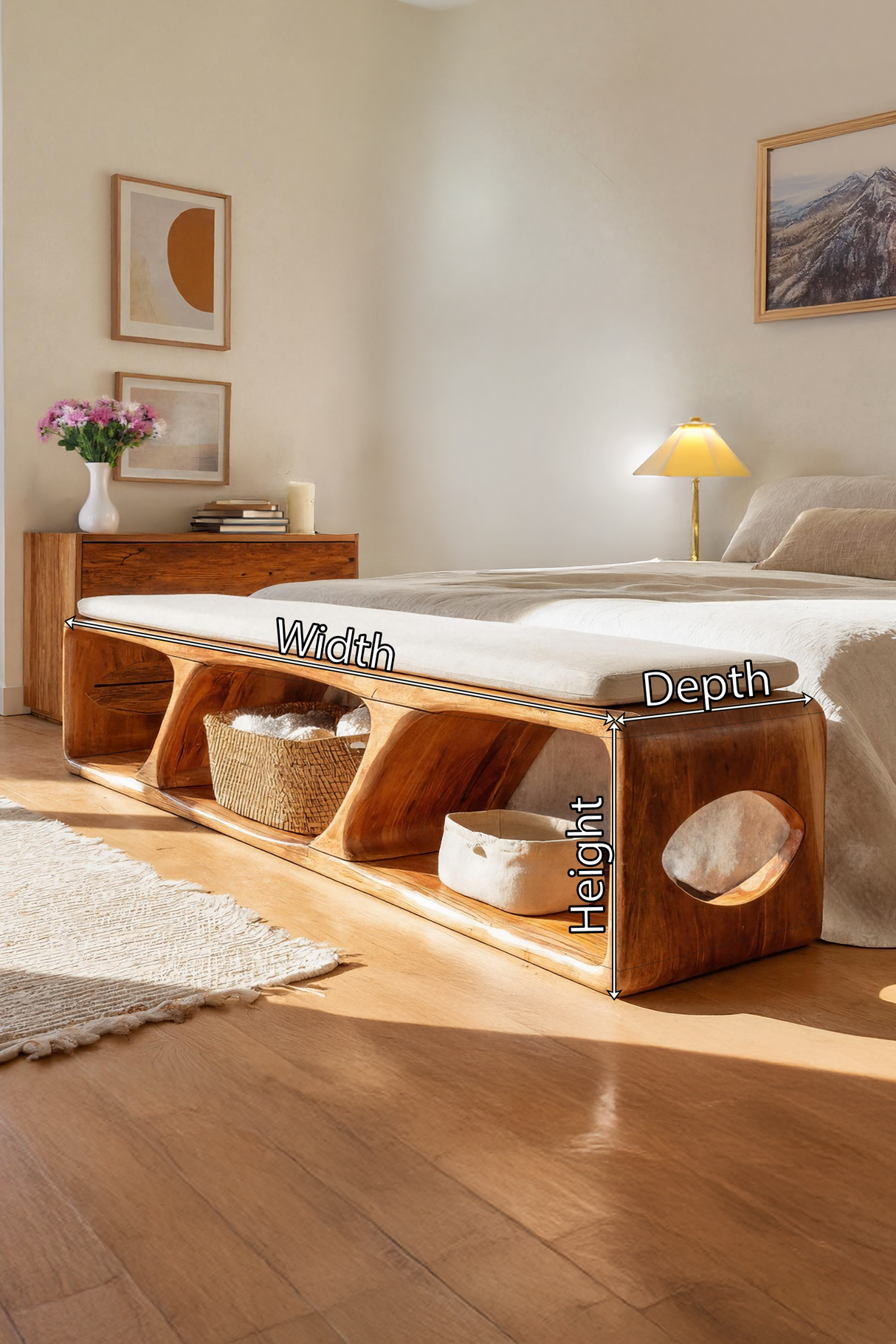 Mid Century Wood Bench For Warm Interior Spaces