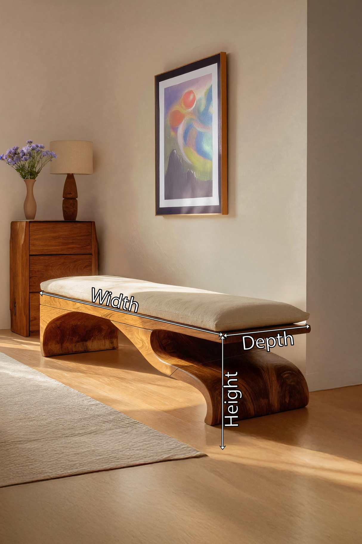 Modern Sculptural Wooden Bench For Bedroom Decor