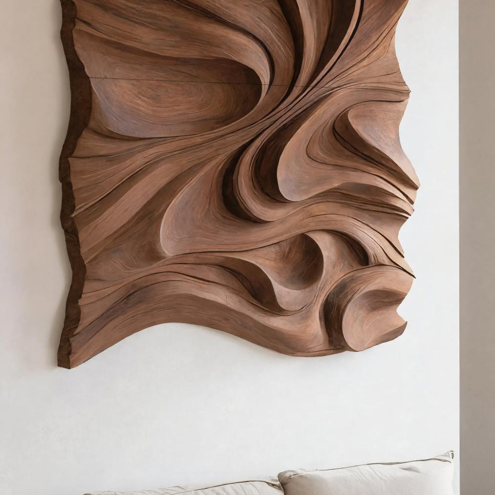 Organic Flowing Carved Wood Art Panel For Living Room