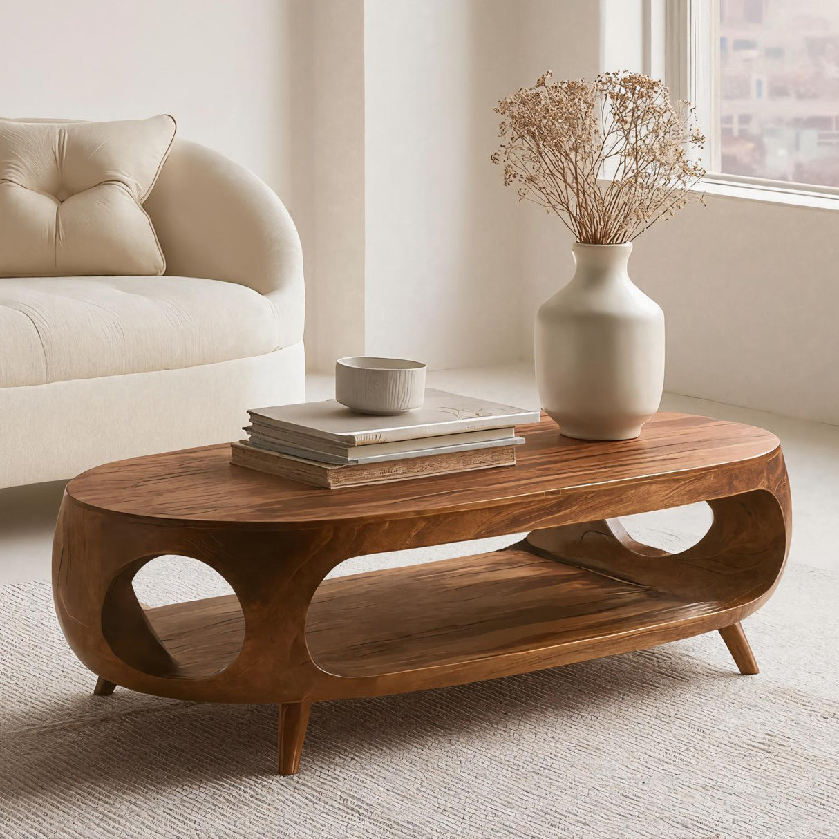 Sculptural Oval Coffee Table With Shelf For Living Room