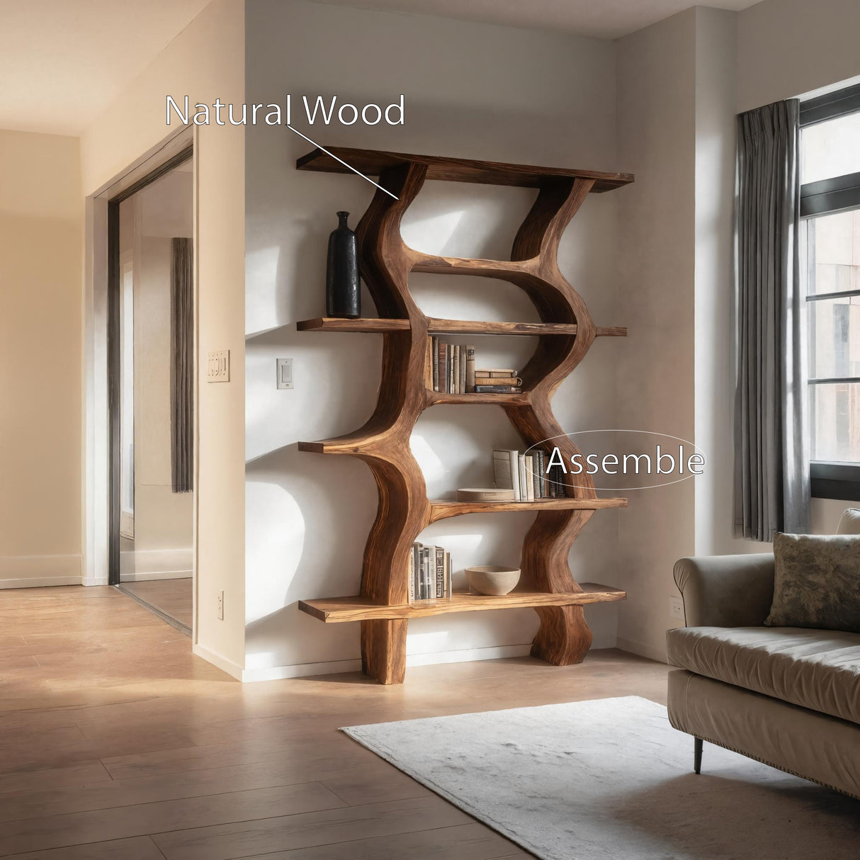 Modern Bookcase With Curved Open Shelf For Living Room