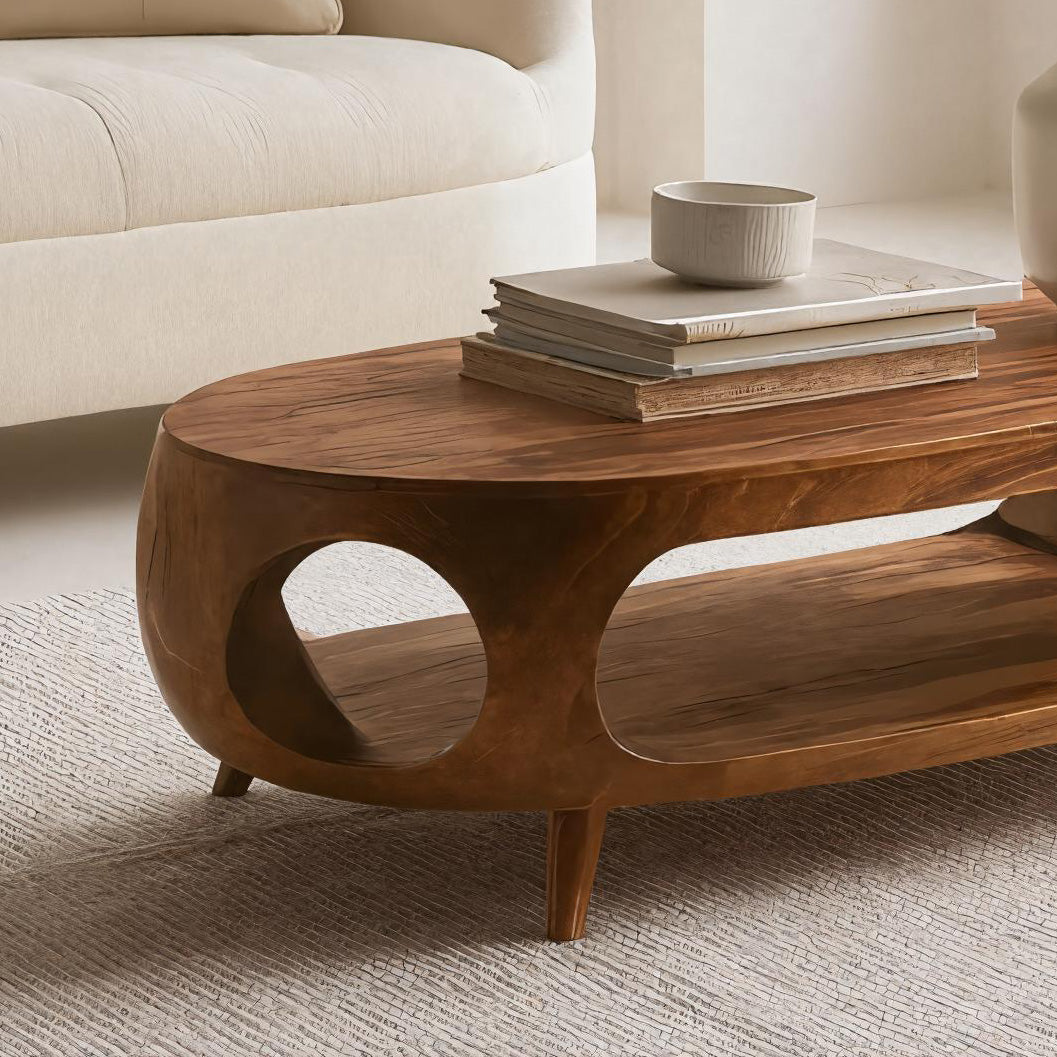 Sculptural Oval Coffee Table With Shelf For Living Room