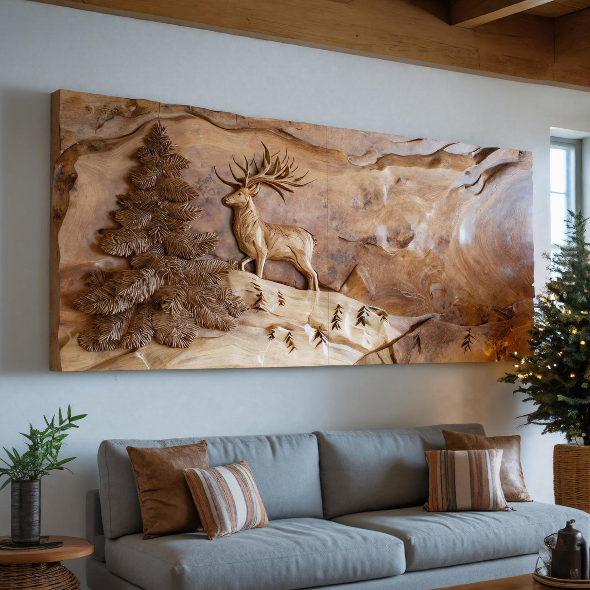 Rustic Wall Art With Carved Deer For Living Room