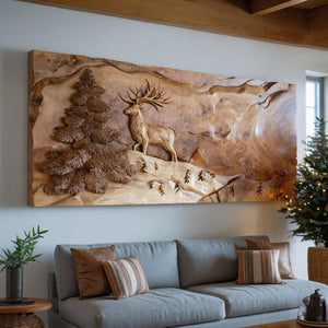 Rustic Wall Art With Carved Deer For Living Room