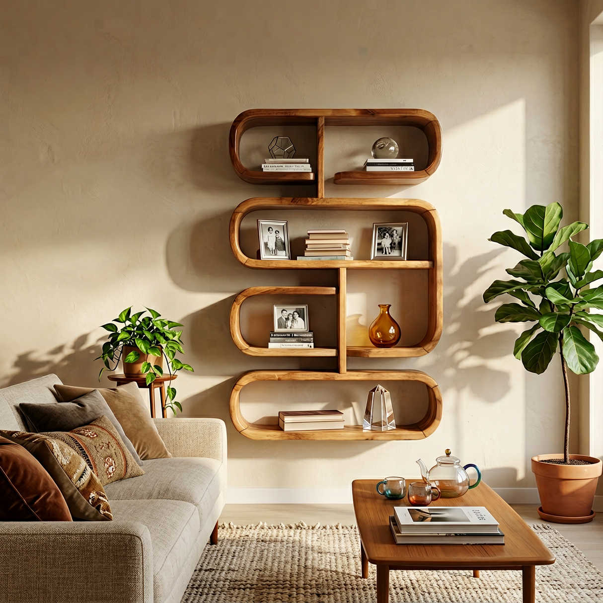 Mid Century Live Edge Display Shelf For Living Room Storage