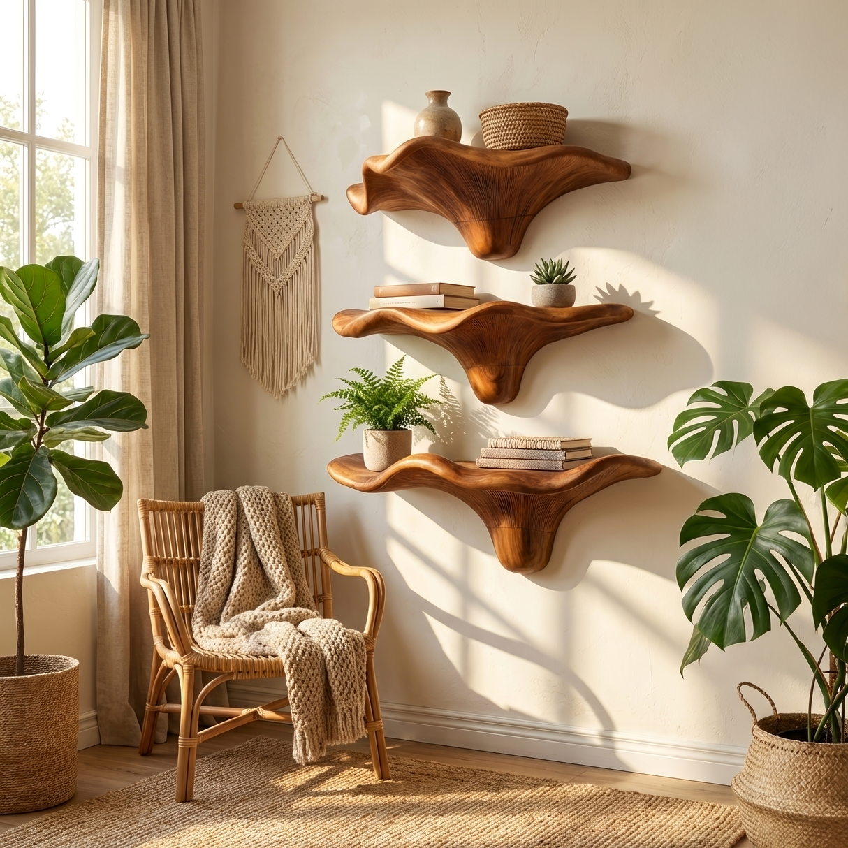 Mid Century Wooden Live Edge Mushroom Shelf For Living Room Decor