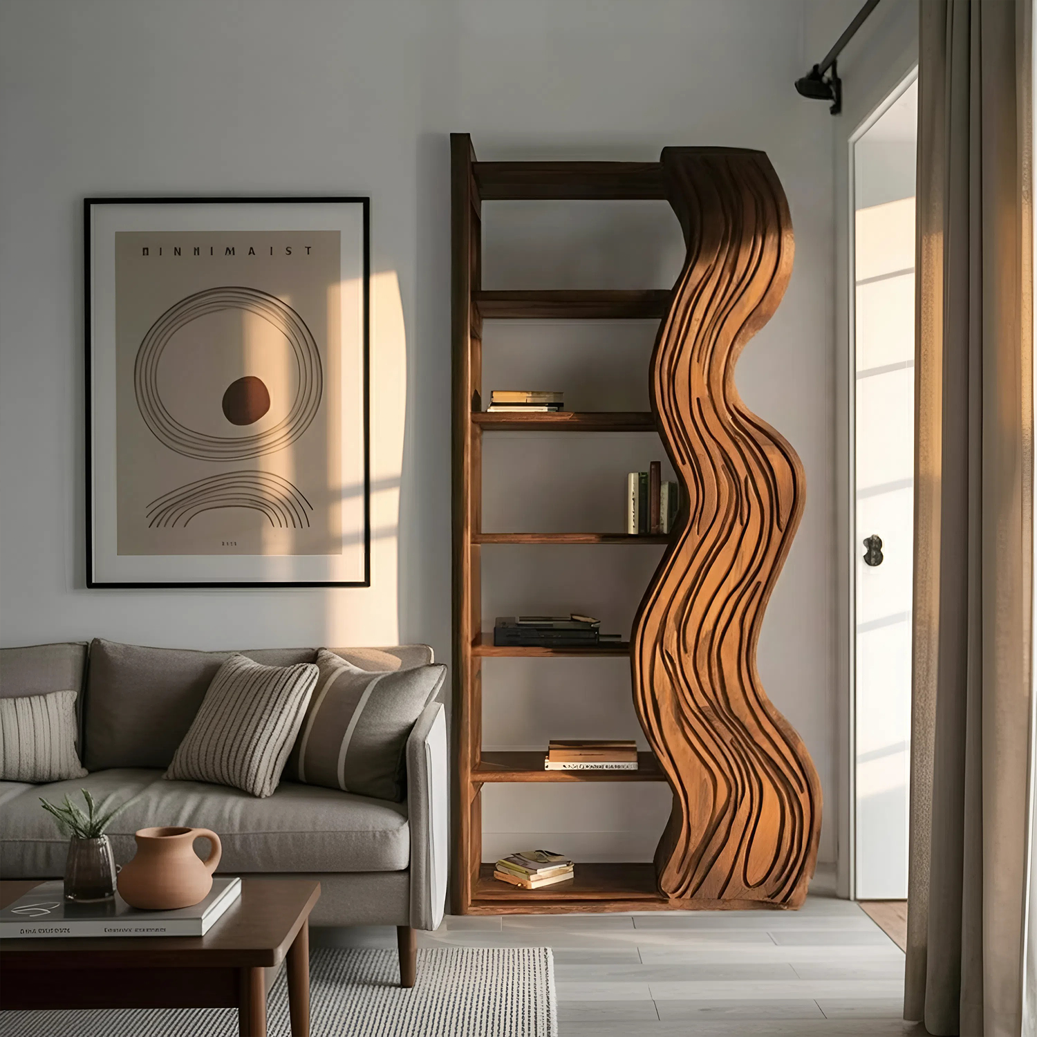 Modern Bookshelf With Wave Carved Side Panel For Office
