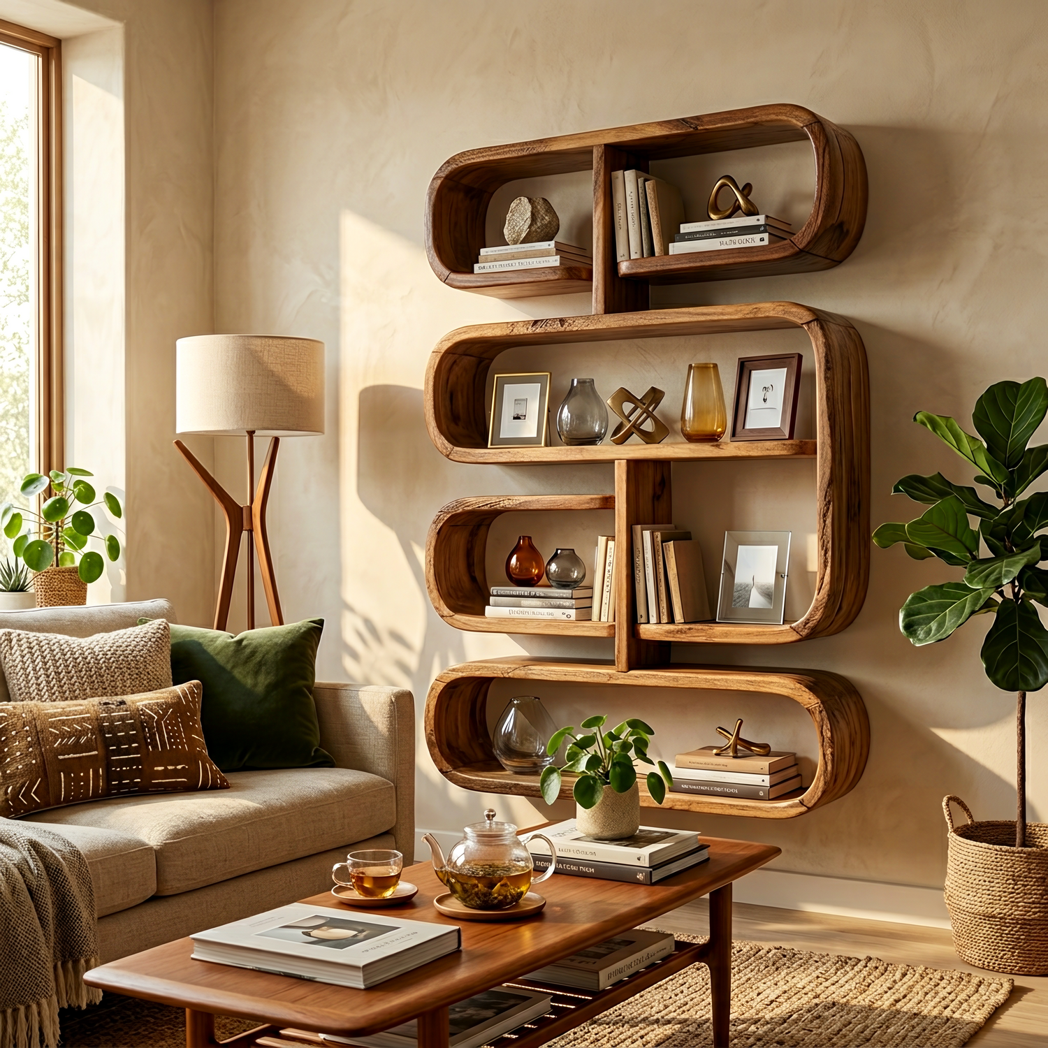 Mid Century Live Edge Display Shelf For Living Room Storage