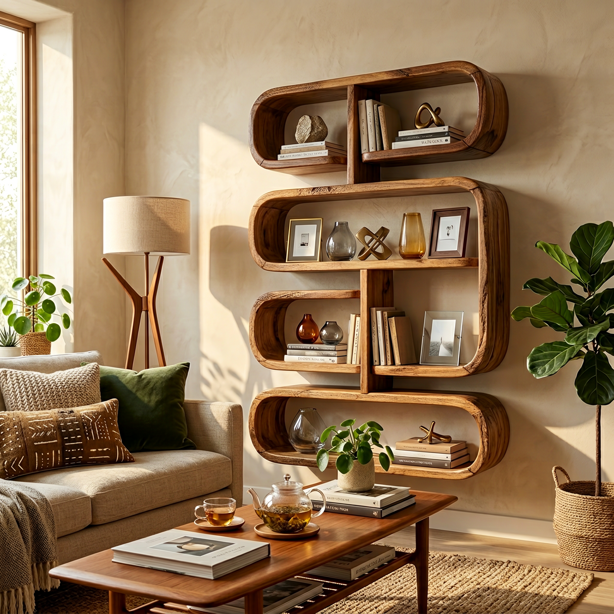 Mid Century Live Edge Display Shelf For Living Room Storage