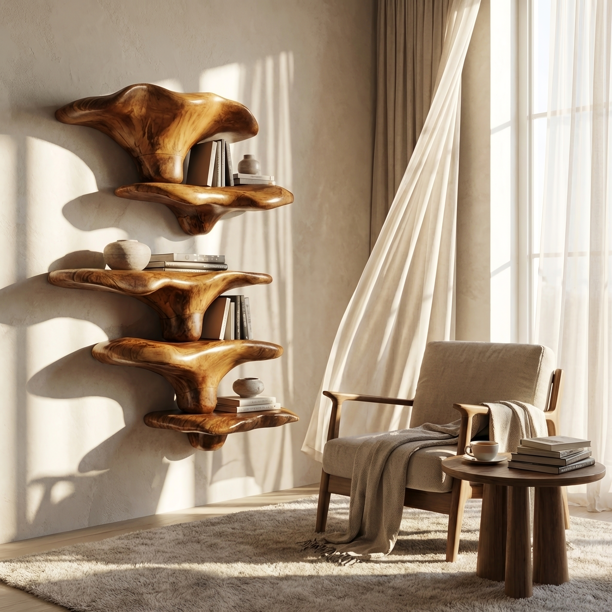 Mid Century Wooden Mushroom Shelf For Living Room Furniture Decor