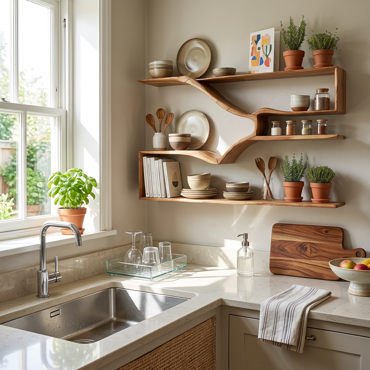 Rustic Natural Wood Kitchen Wall Shelf For Pantry Storage