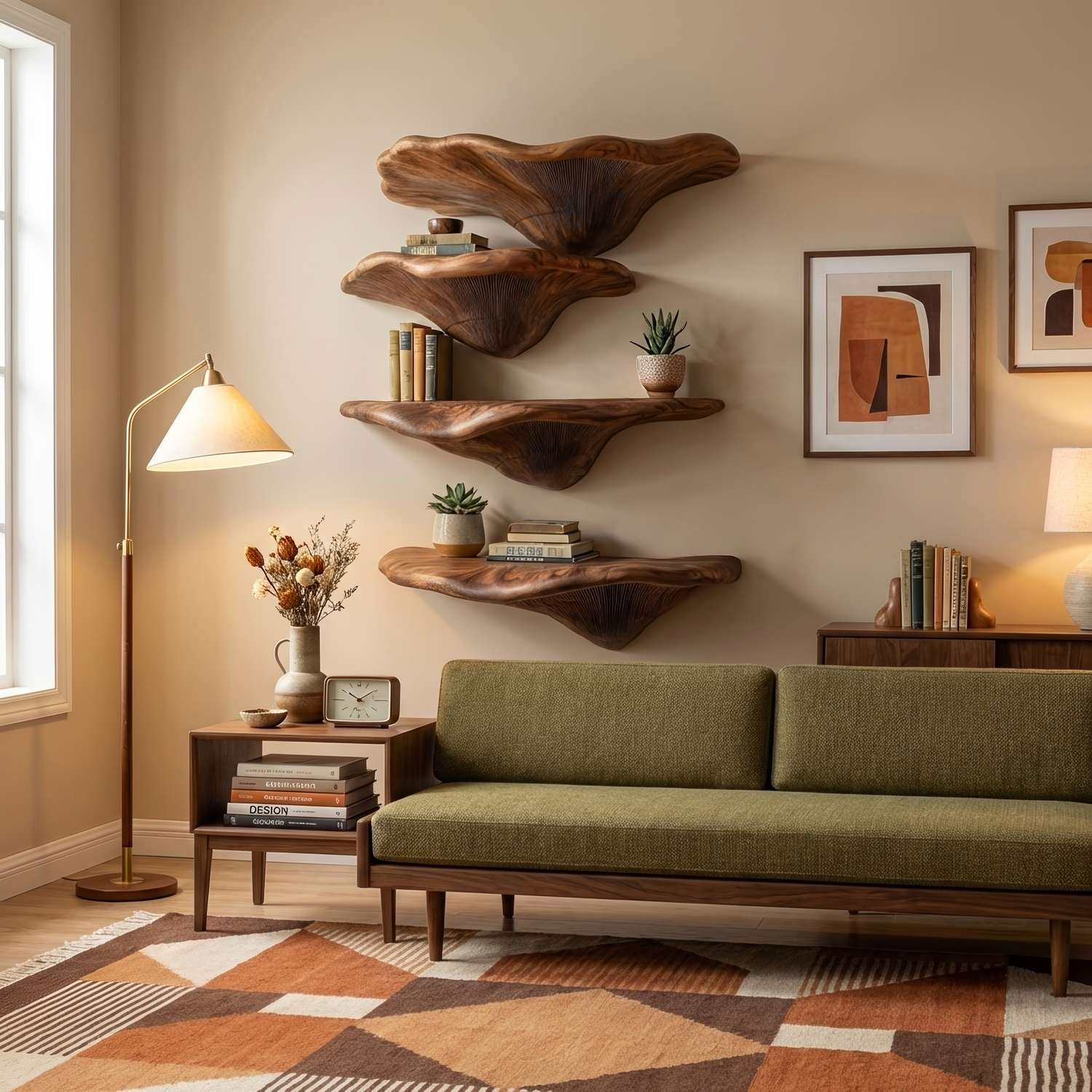 Mid Century Solid Wood Mushroom Shelf For Living Room Wall Decor