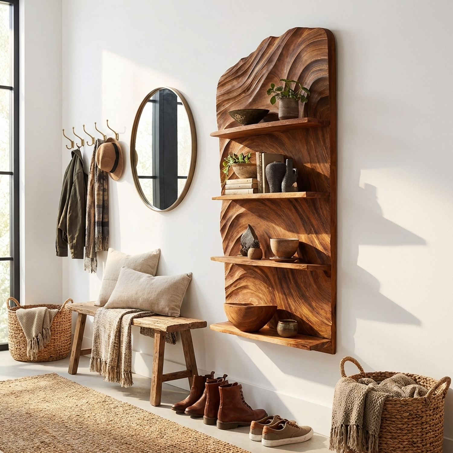 Rustic Handcrafted Wooden Wall Rack For Entryway Storage Display