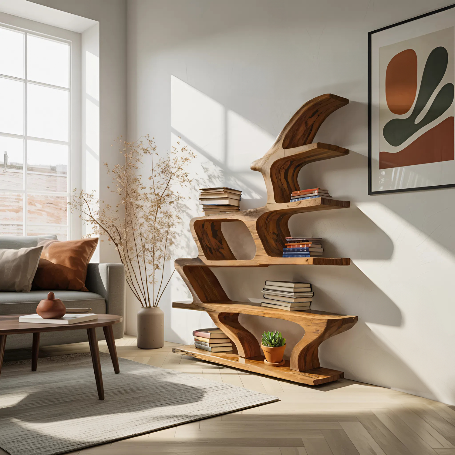 Modern Sculptural Bookshelf With Fluid Shelving For Living Room