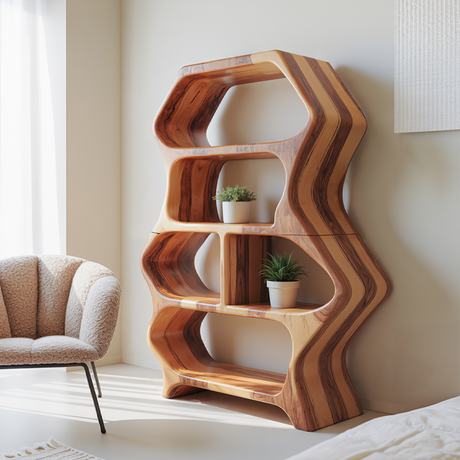Sculptural Bookshelf With Organic Carved Display For Living Room And Office