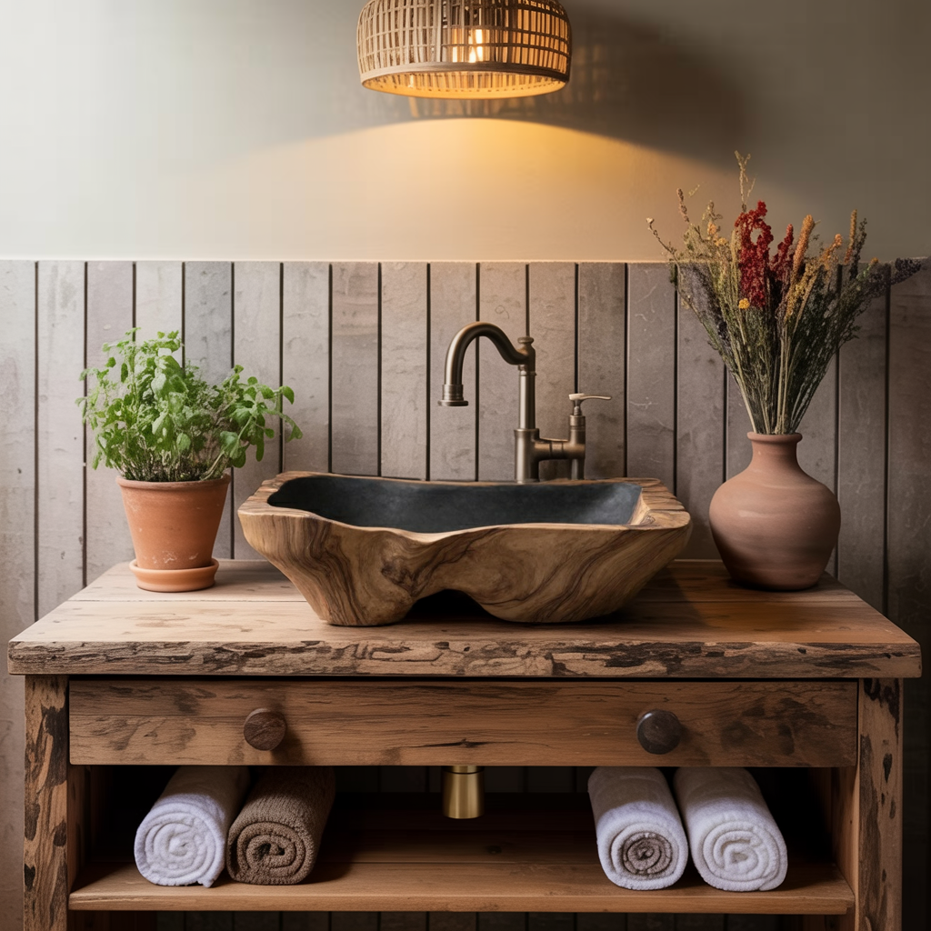 Mid Century Rustic Wooden Vessel Sink For Bathroom Ideas
