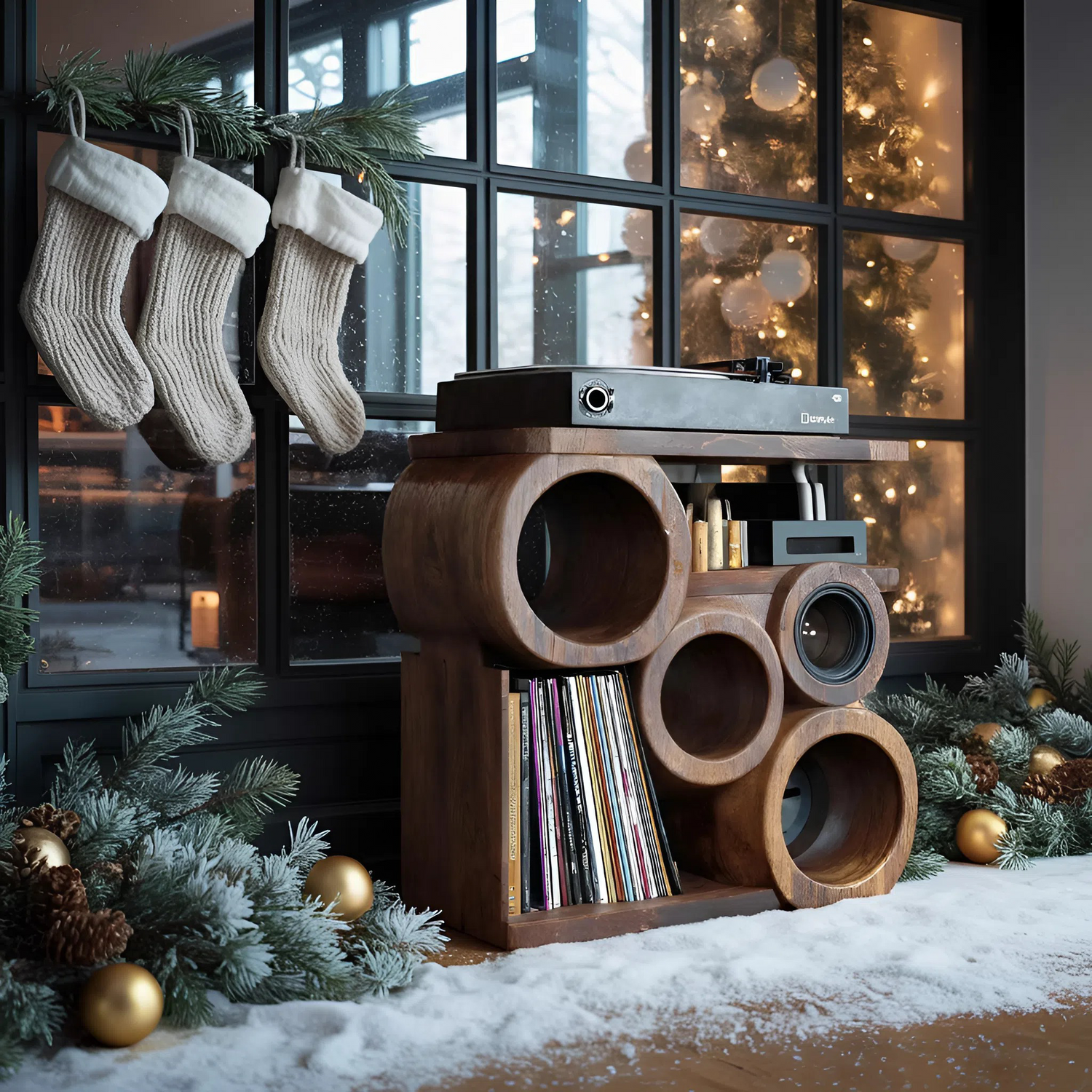 Farmhouse Solid Wood Record Stand For Rustic Christmas Home