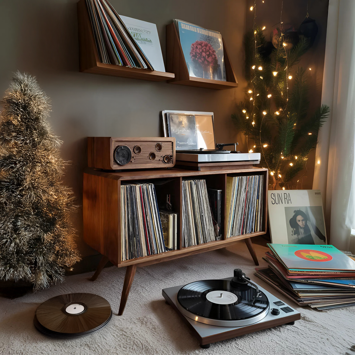 Mid Century Solid Wood Record Stand For Furniture Christmas