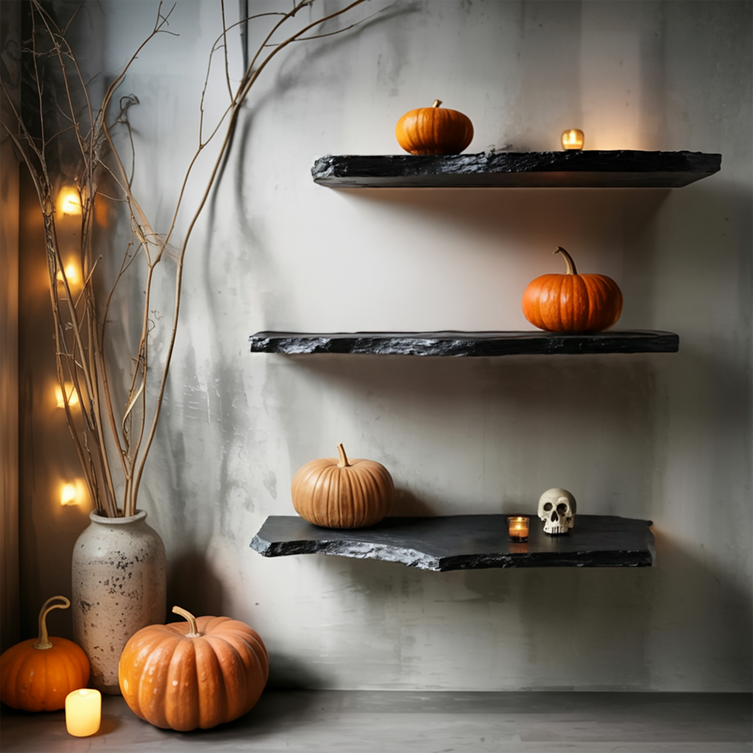 Farmhouse Wooden Floating Shelf For Entryway Design With Halloween Storage