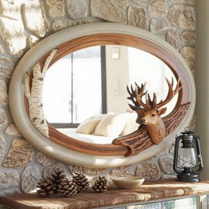 Rustic Oval Deer Mirror For Lodge Cabin Decor