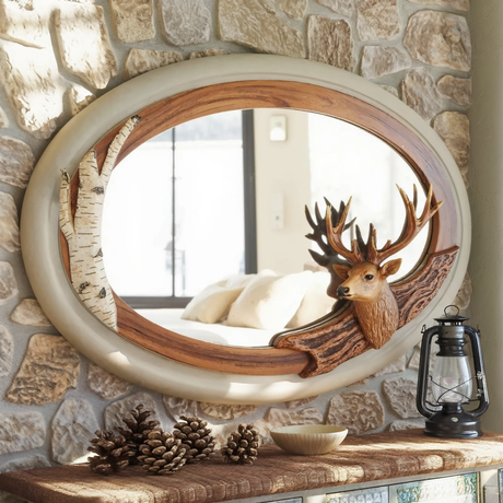 Rustic Oval Deer Mirror For Lodge Cabin Decor