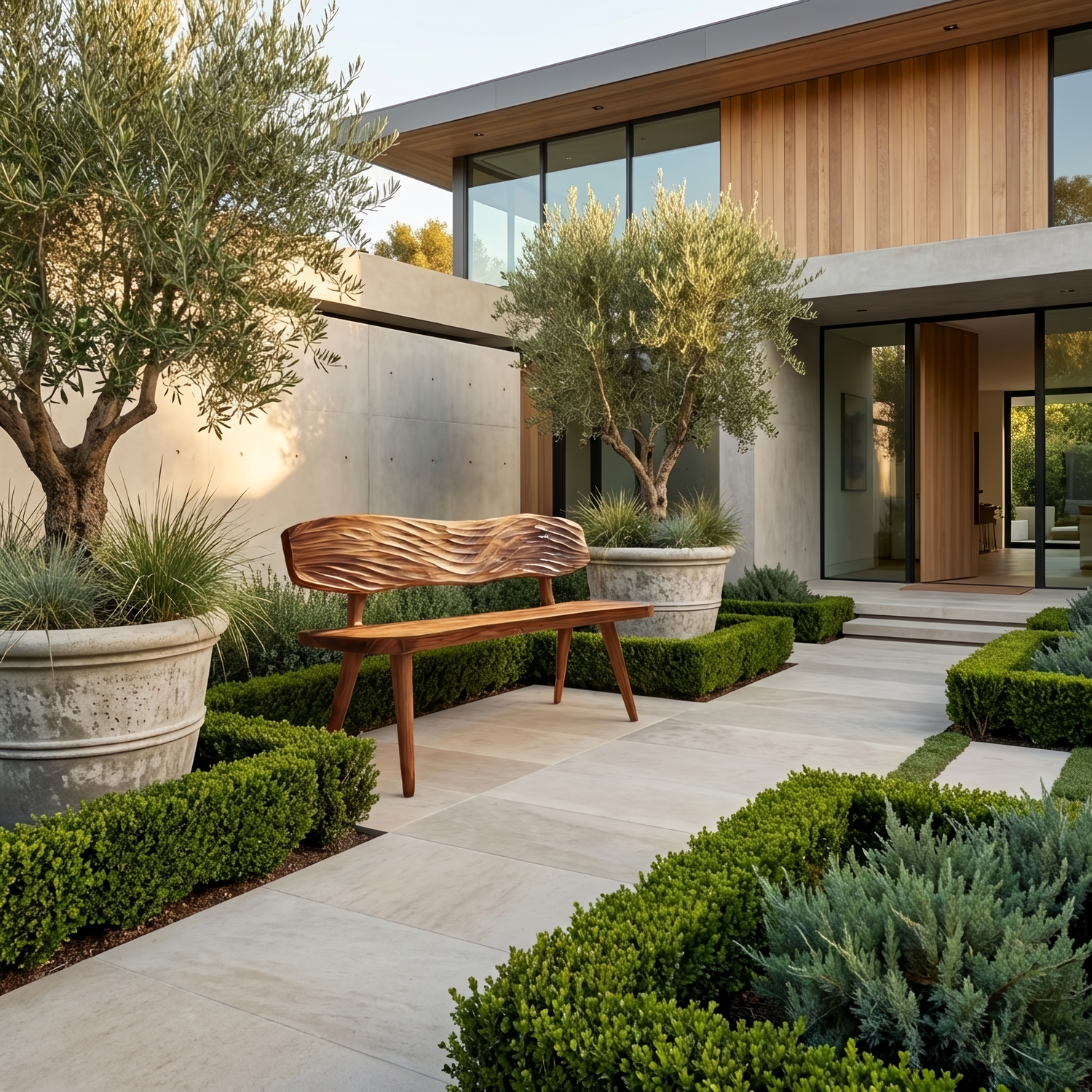 Outdoor Wooden Bench With Wave Carved Backrest For Garden