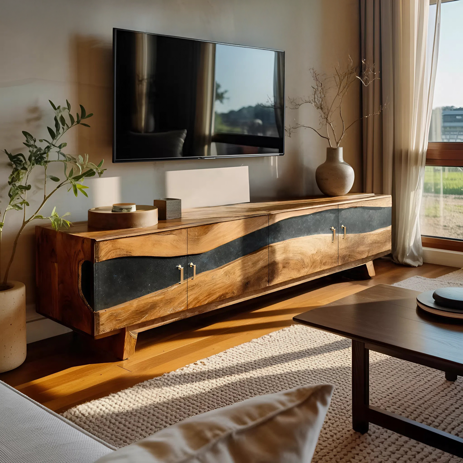 Farmhouse Wooden Live Edge TV Stand For Bedroom Decor
