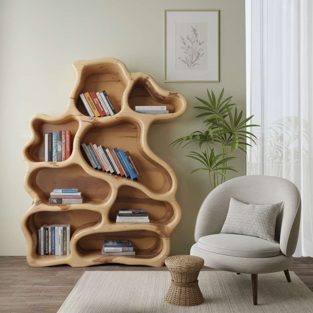 Organic Modern Bookshelf With Carved Design For Living Room And Home Library