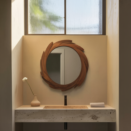 Artistic Round Wall Mirror With Carved Frame For Bathroom And Entryway