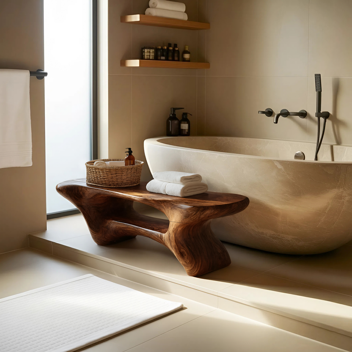 Modern Organic Bathroom Seat With Center Shelf For Bathroom
