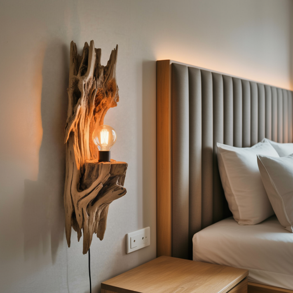 Rustic Driftwood Wall Lamp With Sculpted Form For Bedroom Or Living Room