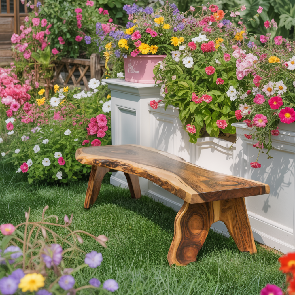 Rustic Live Edge Wooden Bench For Patio Or Garden