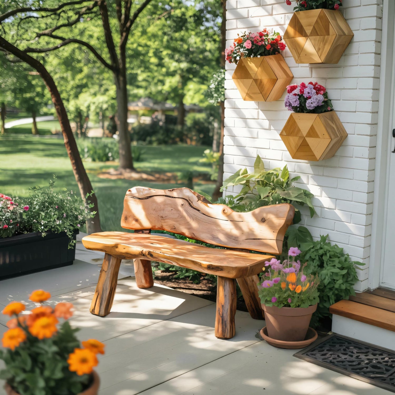 Rustic Live Edge Garden Bench For Patio Backyard And Forest Cabin