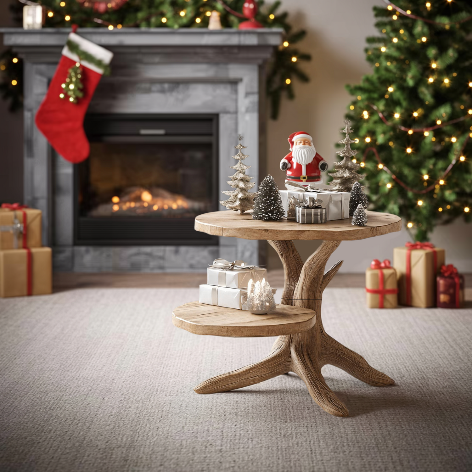 Handcrafted Wooden End Table For Living Room Christmas Accent Piece
