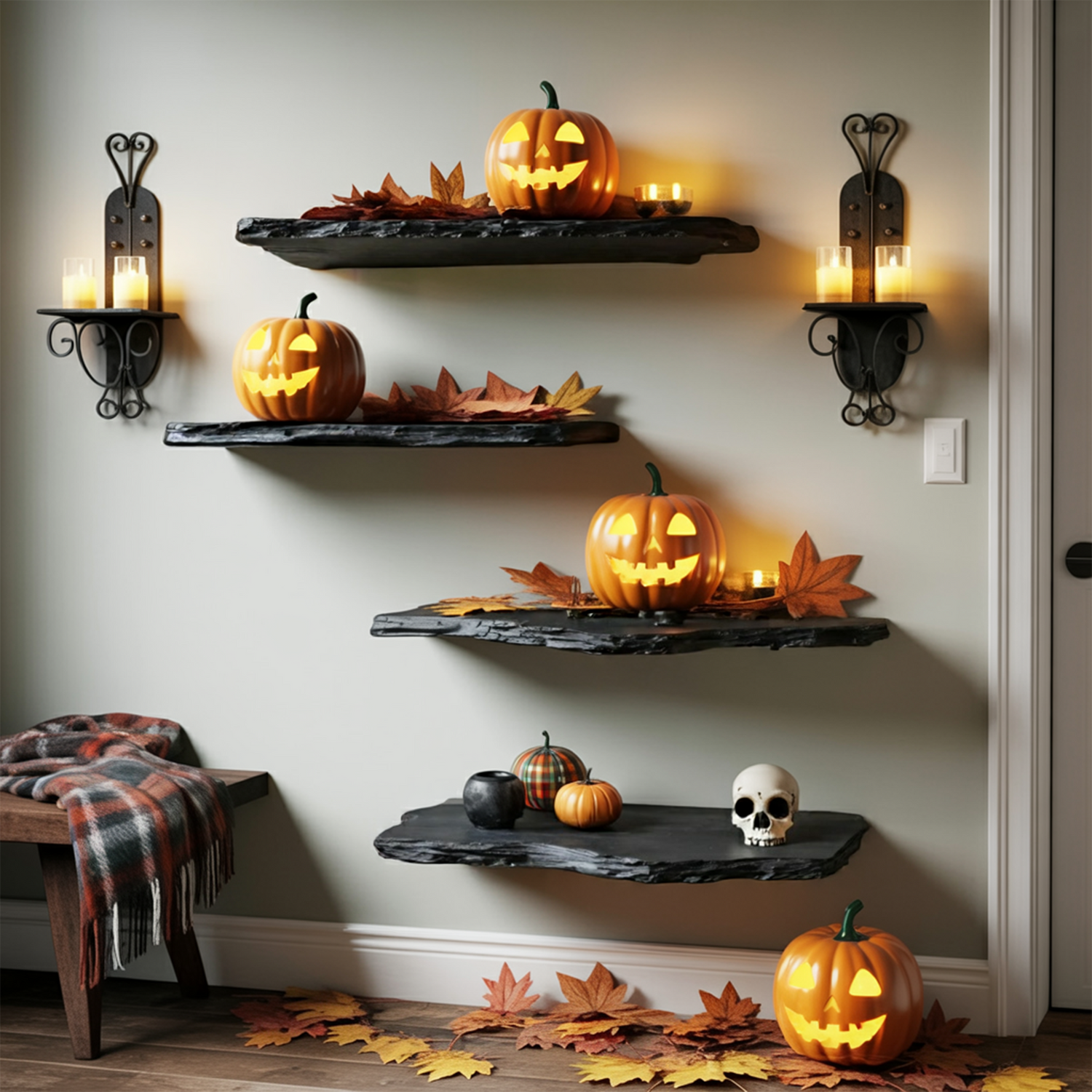 Handcrafted Wooden Floating Shelf For Bedroom Artistic Halloween Wall Decor