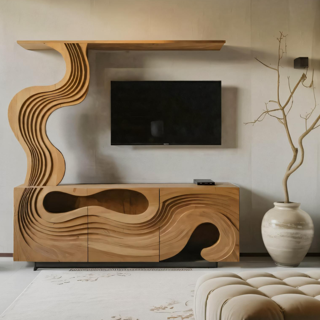 Sculptural TV Console With Wave Layers Entertainment Cabinet For Living Room And Media Wall