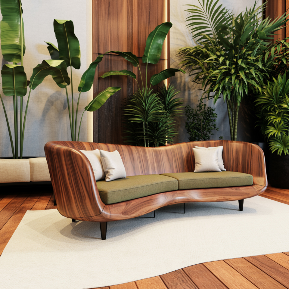 Curved Wooden Sofa With Cushions For Modern Organic Living Room