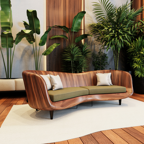 Curved Wooden Sofa With Cushions For Modern Organic Living Room