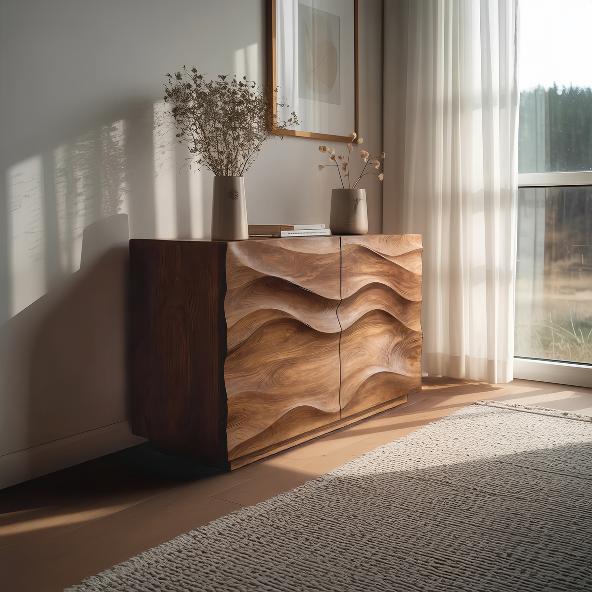 Contemporary Sideboard Sculptural Carved For Living Room