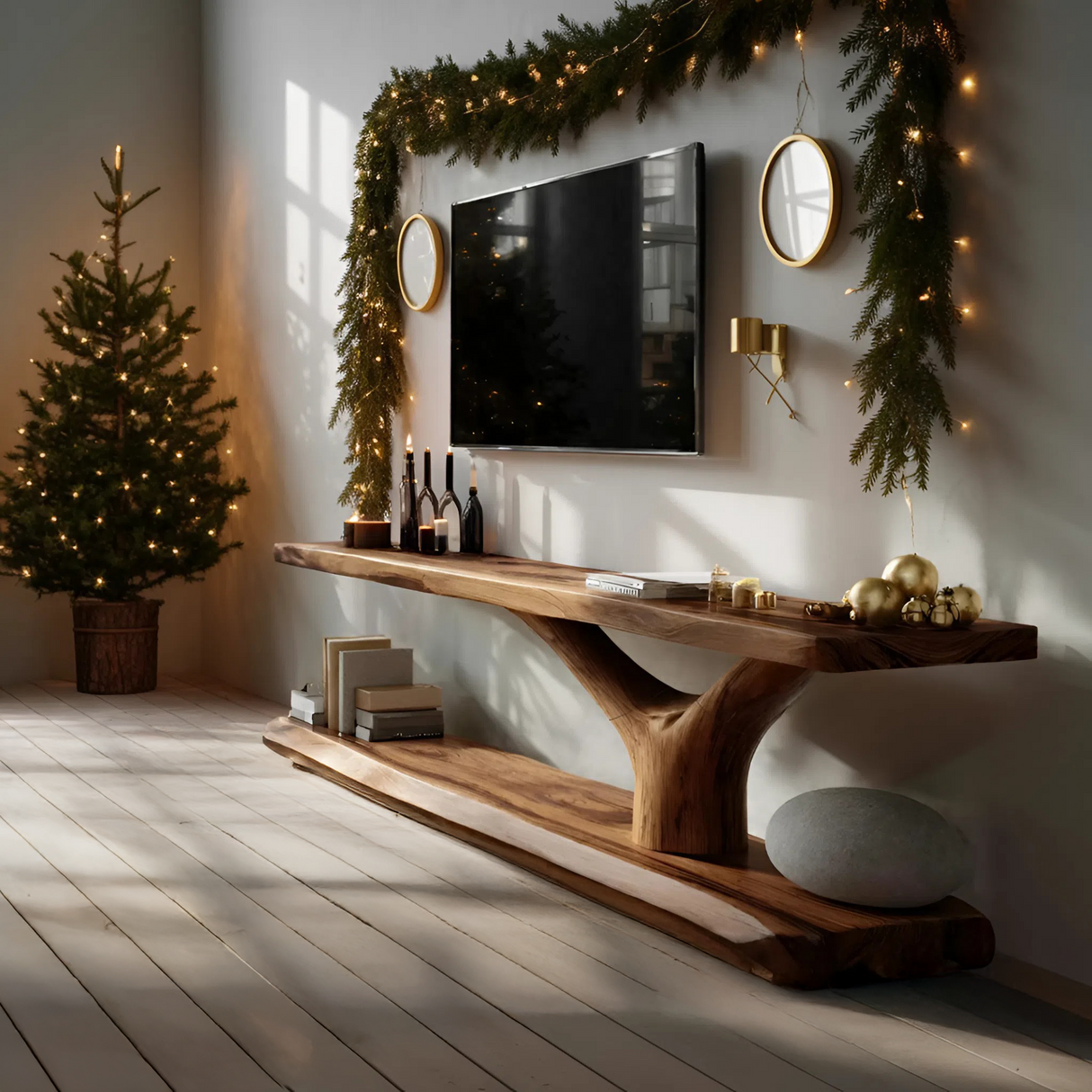Farmhouse Wooden Live Edge TV Console For Christmas Bedroom Decor