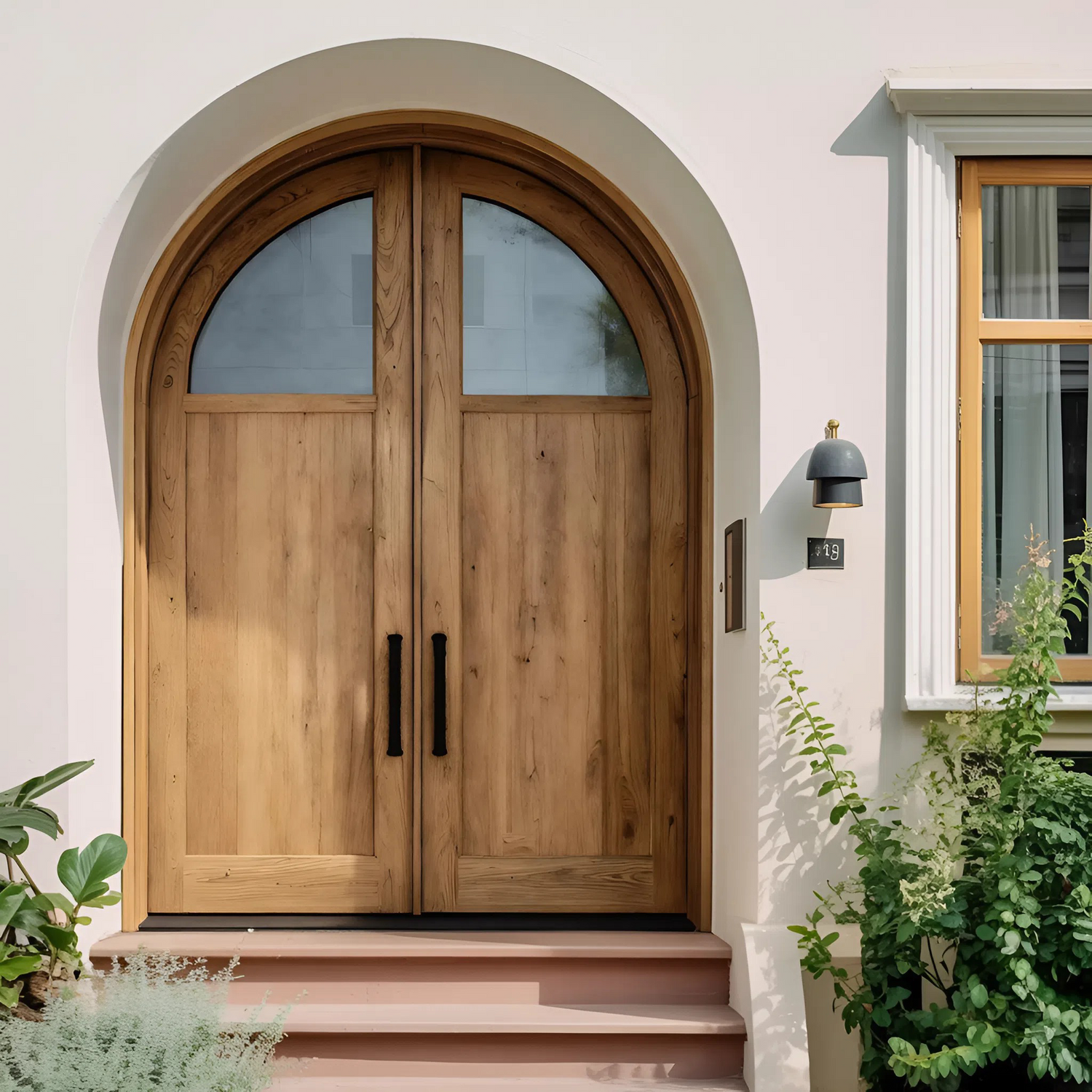 Modern Arched Double Front Door With Glass Panels For Entryway