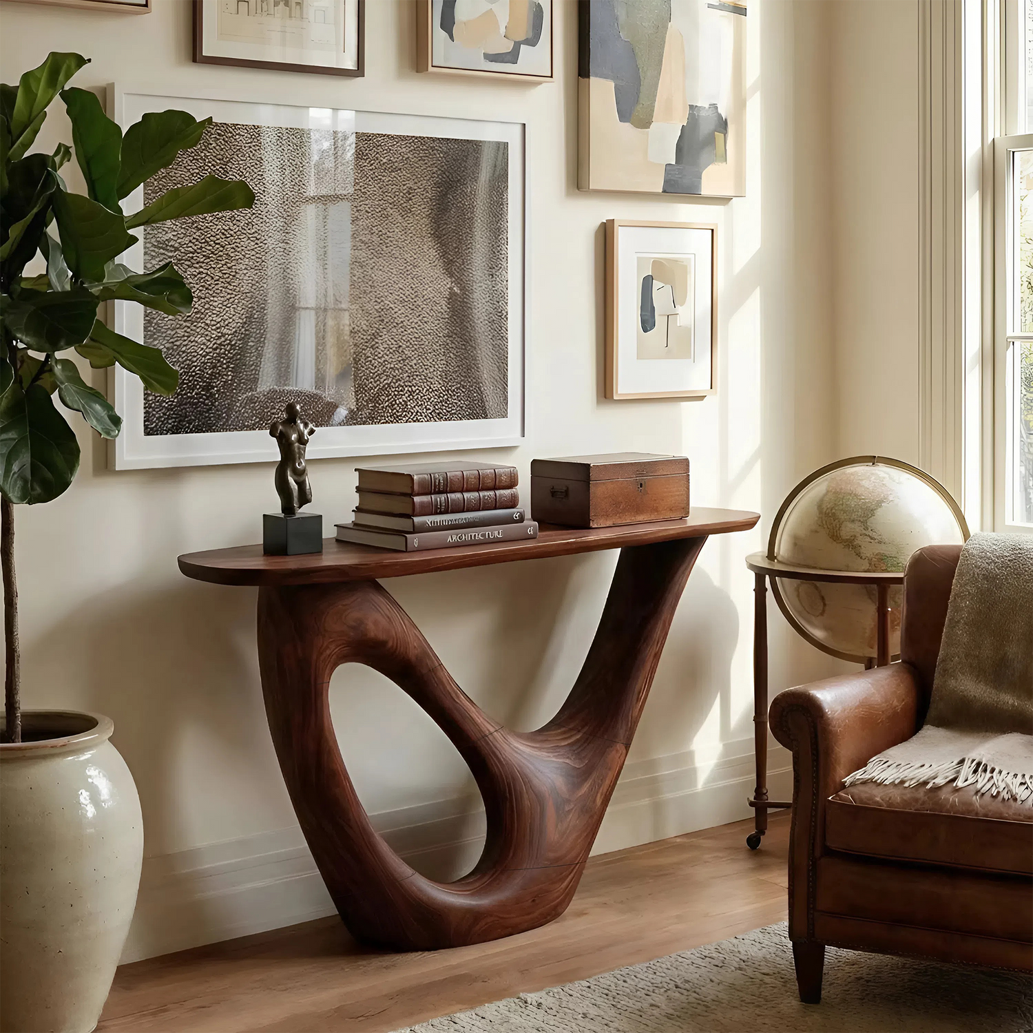 Mid Century Live Edge Console Table Sculptural Solid Wood For Living Room